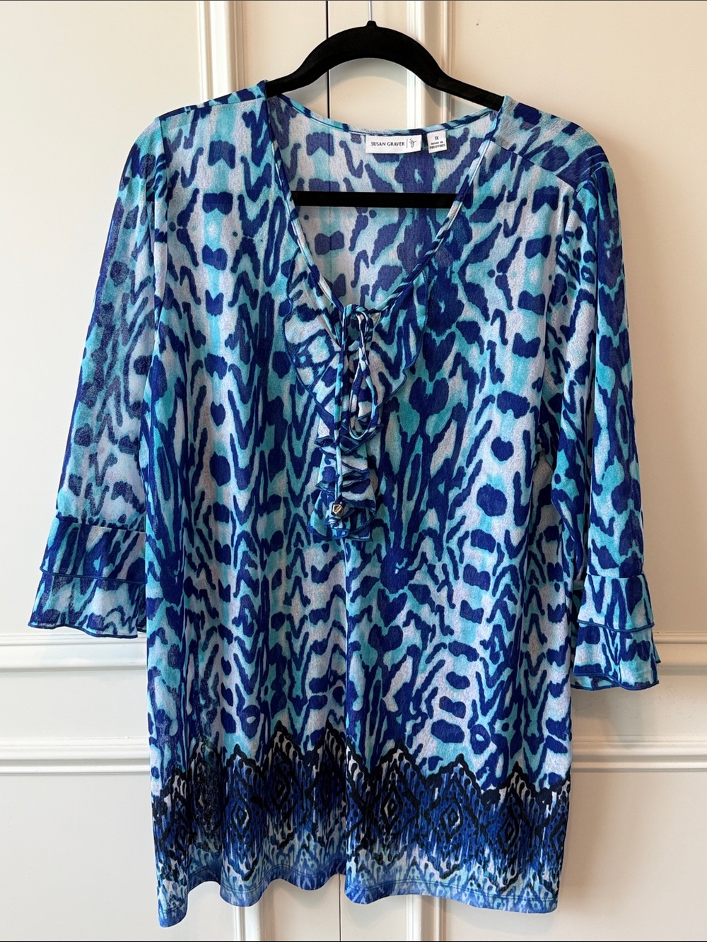 Susan Graver Blue & Teal Animal-Print Ruffle-Tie Tunic